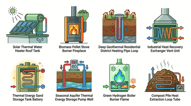 Renewable energy technologies illustrate various sustainable power generation and heat storage solutions for residential and industrial applications.