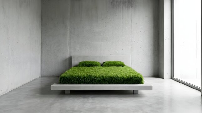 Bizarre Minimalist Bedroom with Bed and Pillows Made of Lush Green Grass
