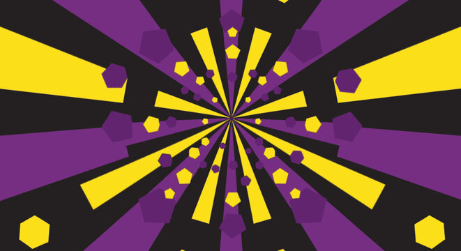 Abstract psychedelic radial burst pattern with purple and yellow geometric shapes on a black background