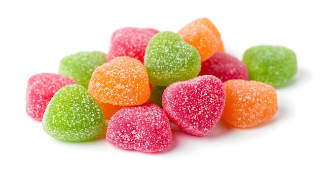 Pile of colorful heart-shaped candies covered in sugar, close-up shot on white background