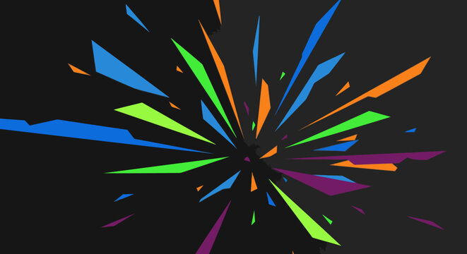 Explosion of colorful abstract shapes on a dark background, dynamic and energetic burst of geometric forms