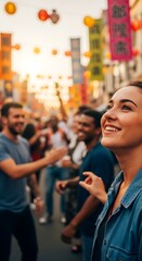Fototapeta premium Group of Happy Friends Enjoying Street Festival Celebration at Sunset.