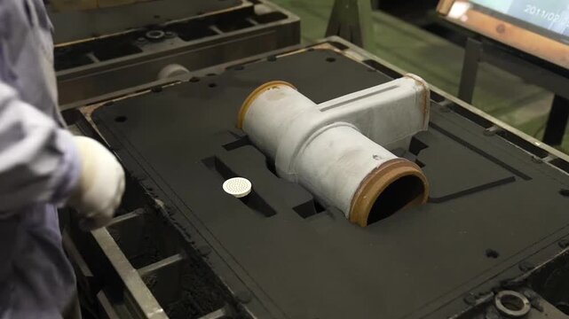 Worker adjusting ceramic pipe fitting mold core on sand casting flask at molding station
