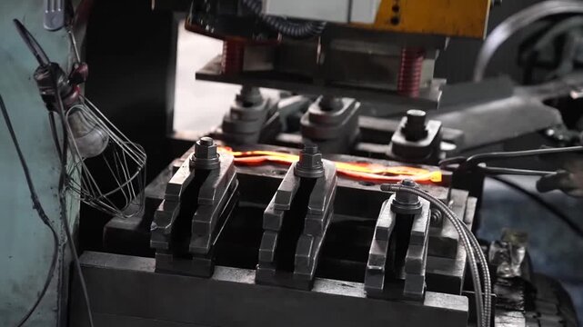 Hydraulic forging press with spring-loaded die shaping red-hot steel pliers blank