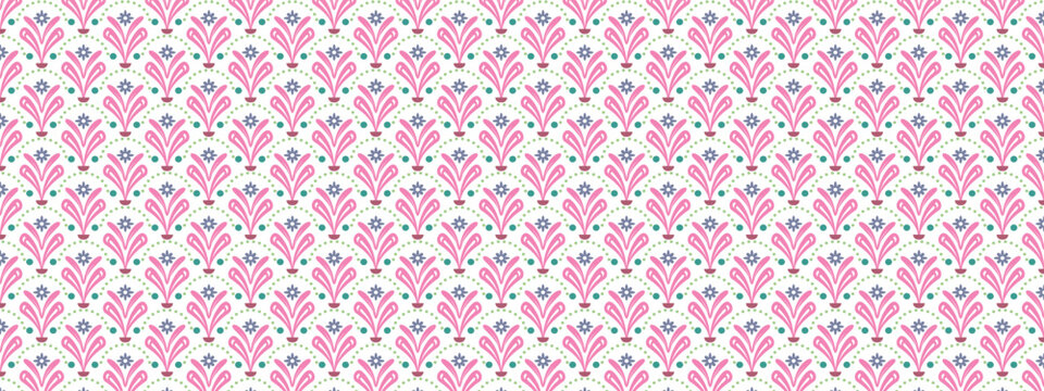 Beautiful seamless floral pattern featuring stylized pink flowers, botanical ornaments, and delicate geometric details arranged in a repeating folk art design. Elegant decorative background suitable f