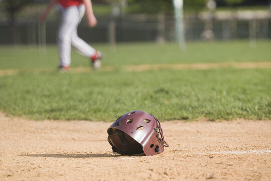 Baseball helmet in a baseball field