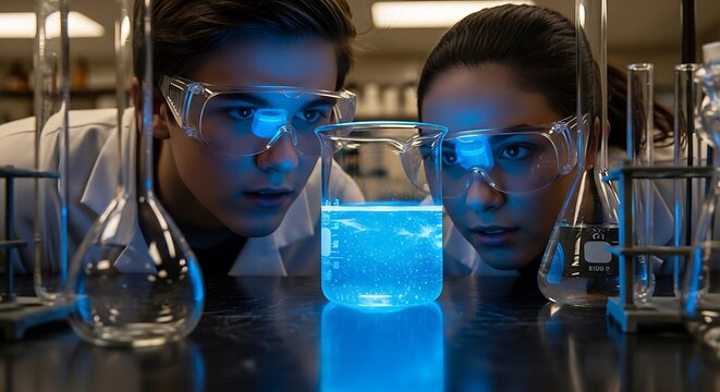 Two students conducting a chemistry experiment with glowing blue liquid in a science lab