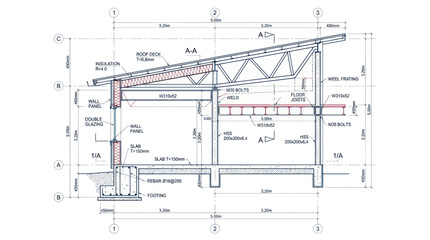 Architectural Blueprint Section Drawing of Building Structure with Dimensions © Reza