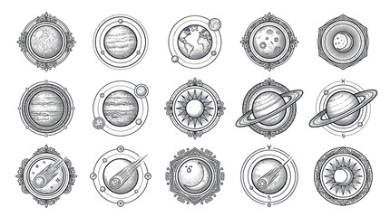 Celestial Ornaments: Planets, Sun, Moon, Earth, Comet, Constellation Icons © Reza