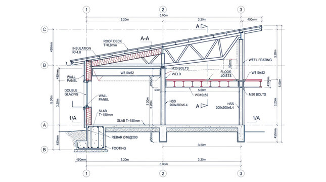 Architectural Blueprint Section Drawing of Building Structure with Dimensions