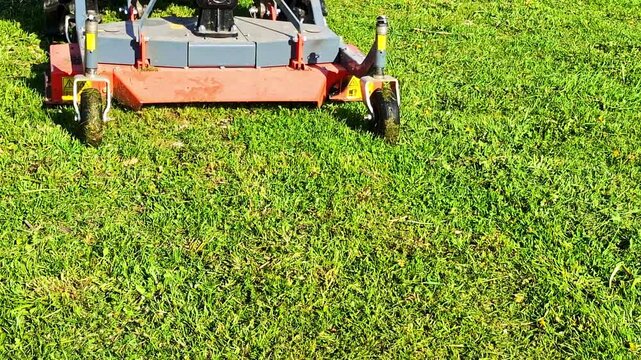 Professional flail mower attached to a tractor cutting a lush green lawn on a sunny day