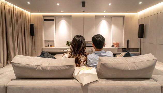 Couple sits on a wide couch, facing a bright room with speakers and popcorn, their backs to the viewer