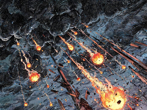 Fiery meteor shower falling from dark stormy sky comic art illustration, explosive fireballs and burning debris raining down in graphic novel style, apocalyptic sky with dramatic smoke clouds.