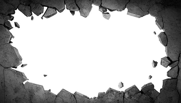 Broken Concrete Wall with Large Hole, Cracked Cement Frame Mockup