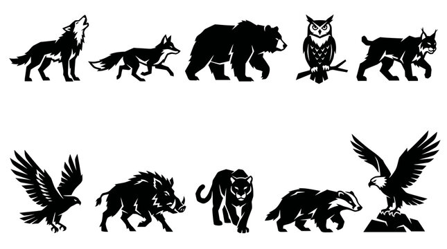 Stylized Wild Animal Silhouettes and Forest Predators Vector Set