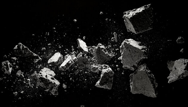 Side Concrete Blast Overlay, Exploding Shards from Right on Black Background