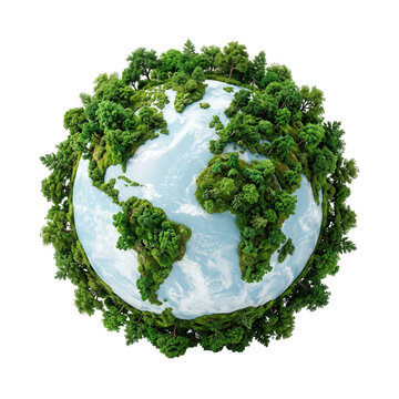 Earth with lush green trees on transparent background, eco-friendly globe
