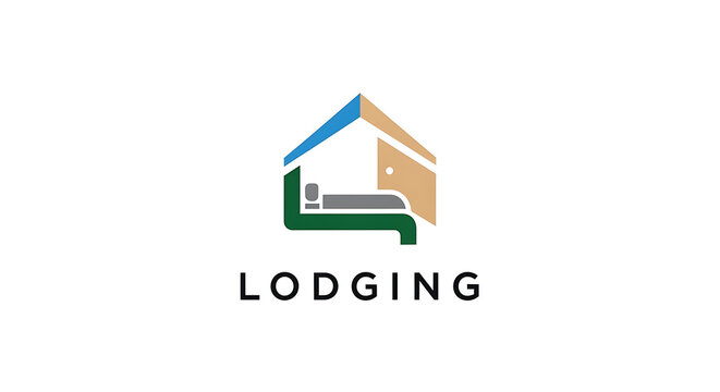 Minimalist lodging logo design featuring a stylized house with a bed and door for hotel, hostel, or rental services on a white background