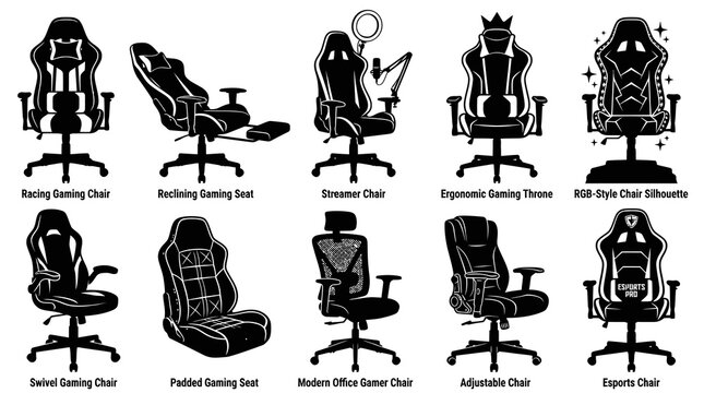 Professional Esports Gamer and Streamer Chair Silhouette Icon Set