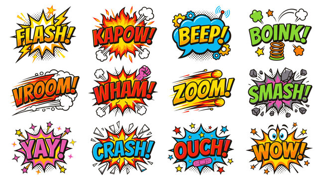 Retro style comic onomatopoeia and sound effect stickers.