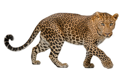 Fototapeta premium Leopard walking with spotted fur and green eyes