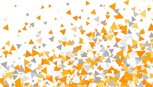A colorful abstract image with scattered orange, yellow, and gray triangles on a white background