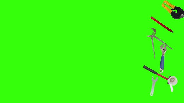 Various plumber tools and supplies falling against a bright green background