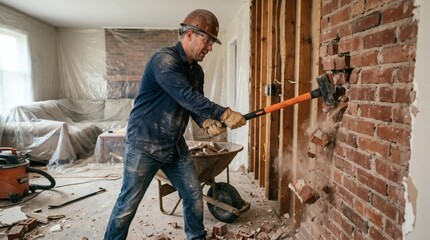 Fototapeta premium Man in hard hat demolishing brick wall with sledgehammer in construction site
