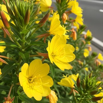 Vibrant yellow evening primroses bloom along a roadside edge