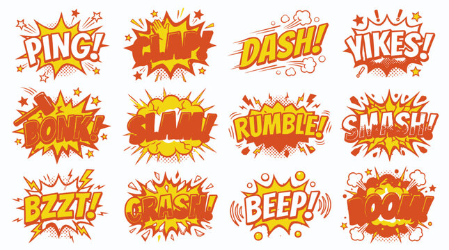 Set of fiery orange and red comic sound effects.