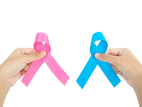 World cancer day February 4. Woman holding blue and pink ribbon for cancer awareness month. Healthcare and world cancer day concept.