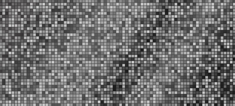 Abstract grayscale disco ball background with glitter mosaic pattern and mirror tile texture, square pixel grid, reflective metallic surface.
