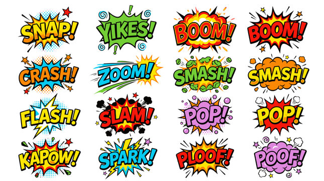 Retro comic book action bubbles and sound effects set.
