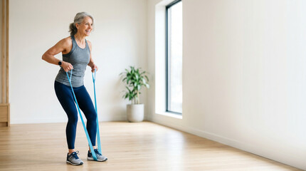 Obraz premium Modern active senior woman exercising with resistance band, minimal copy space