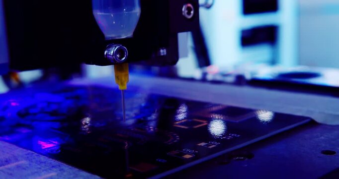Robotic arm applying solder paste on a PCB. Macro close-up, harsh artificial light, cinematic macro shot. Industrial automation, high-tech manufacturing, microelectronics.