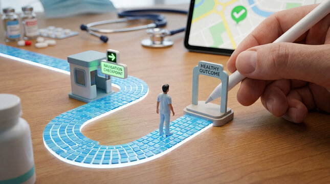 Proactive navigation checkpoint guides patient engagement toward healthy outcome on digital path with medical tools and medication in background