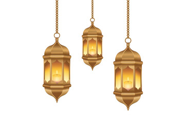 Obraz premium Three ornate golden lanterns with warm glowing candles hanging from chains isolated on a black background, for ramadan and, festive celebrations