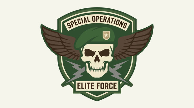 Military skull emblem with wings and beret.