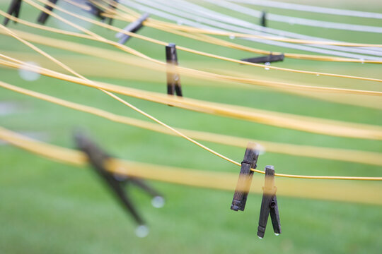Wet clothes pins on clothes lines