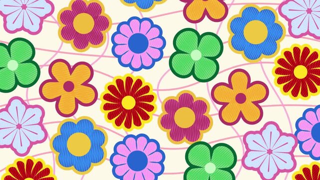 4k footage animation of Cute Groovy Flower Animation, Colorful Retro 70s Floral Seamless Loop Background with Abstract Lines. Motion Graphic of Large Colorful Flat Flowers, Trendy Aesthetic Patter
