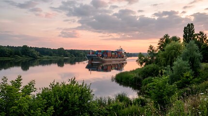 Fototapeta premium Container ship sailing on a calm river during a beautiful sunset with reflection in the water and lush green trees on banks