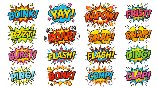 Variety pack of colorful comic sound effect bubbles.