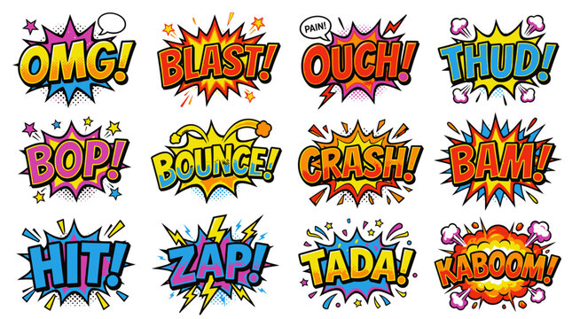 Retro comic book action sound effect bubbles set.