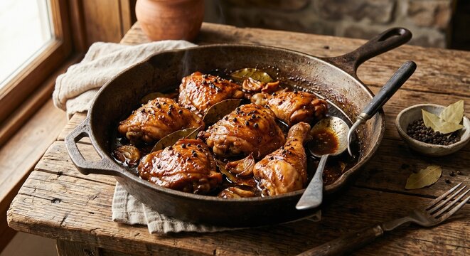 Filipino Chicken Adobo Braised in Soy Sauce Vinegar and Bay Leaves Cooked in Cast Iron Skillet