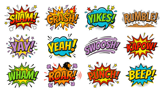 Multi-colored comic onomatopoeia collection with yikes and kapow words.