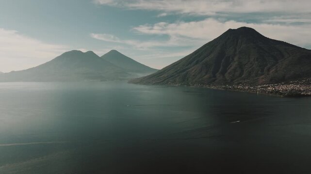 Cinematic Aerial Scene of Guatemala Lake Atitlan and Volcanoes