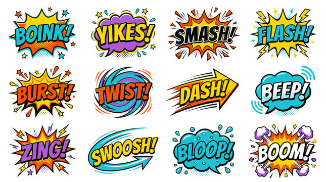 Multi colored comic sound words and action bursts.