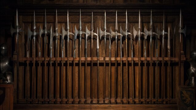 An armory interior with rows of halberds racked, creating rhythmic shadow patterns.