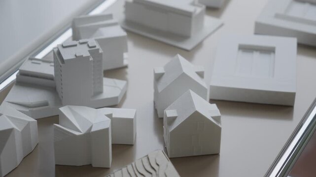 Detailed view of miniature white structural prototypes on a designer table.
