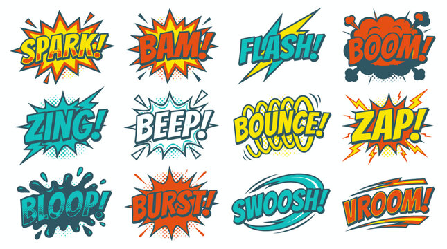 Vibrant action comic sound effects collection for graphic design.